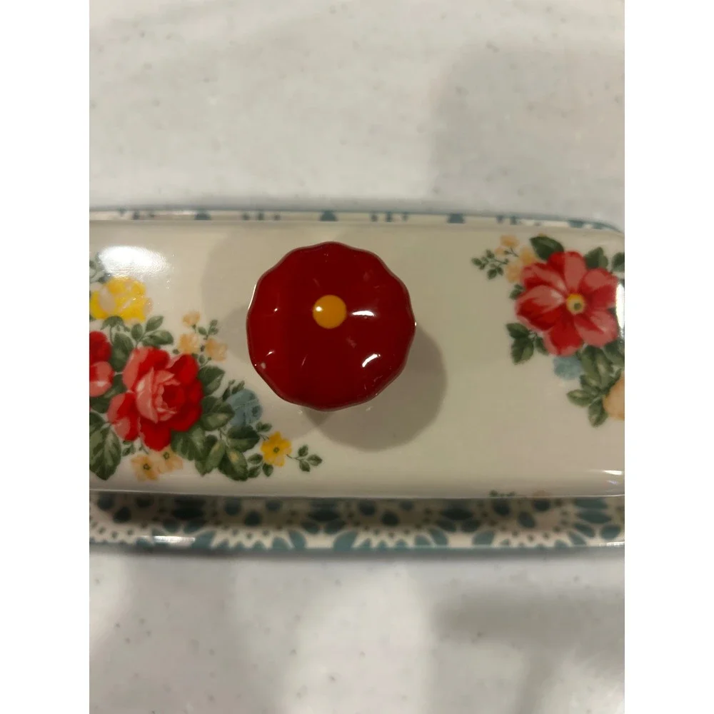 The Pioneer Woman Vintage Floral Butter Dish Stoneware Teal Red Cream PRECIOUS